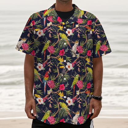 Parrot Toucan Tropical Pattern Print Textured Short Sleeve Shirt