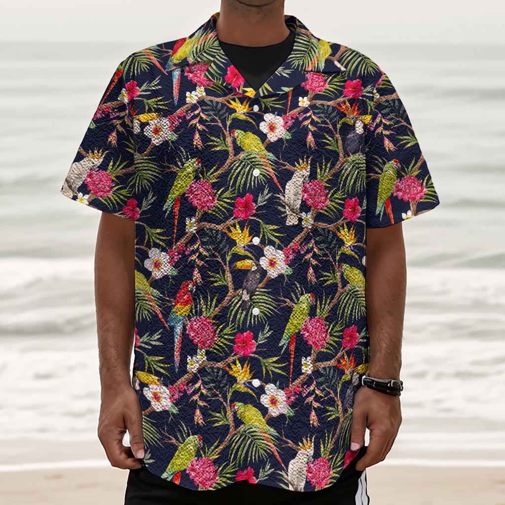 Parrot Toucan Tropical Pattern Print Textured Short Sleeve Shirt