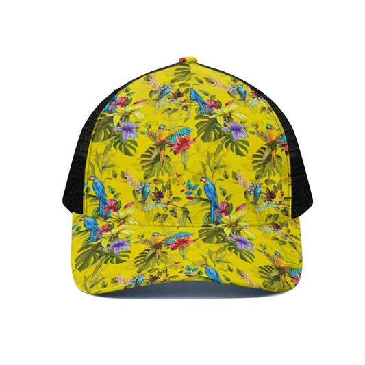 Parrot Tropical Pattern Print Black Mesh Trucker Cap