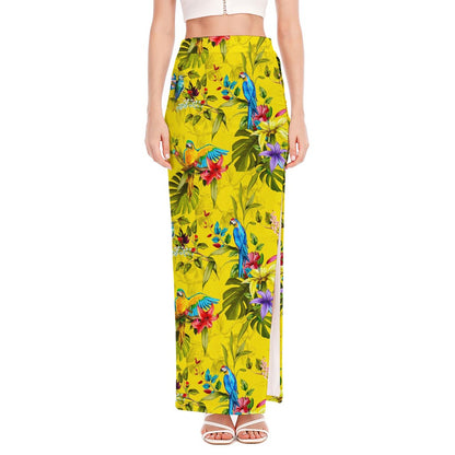 Parrot Tropical Pattern Print High Slit Maxi Skirt