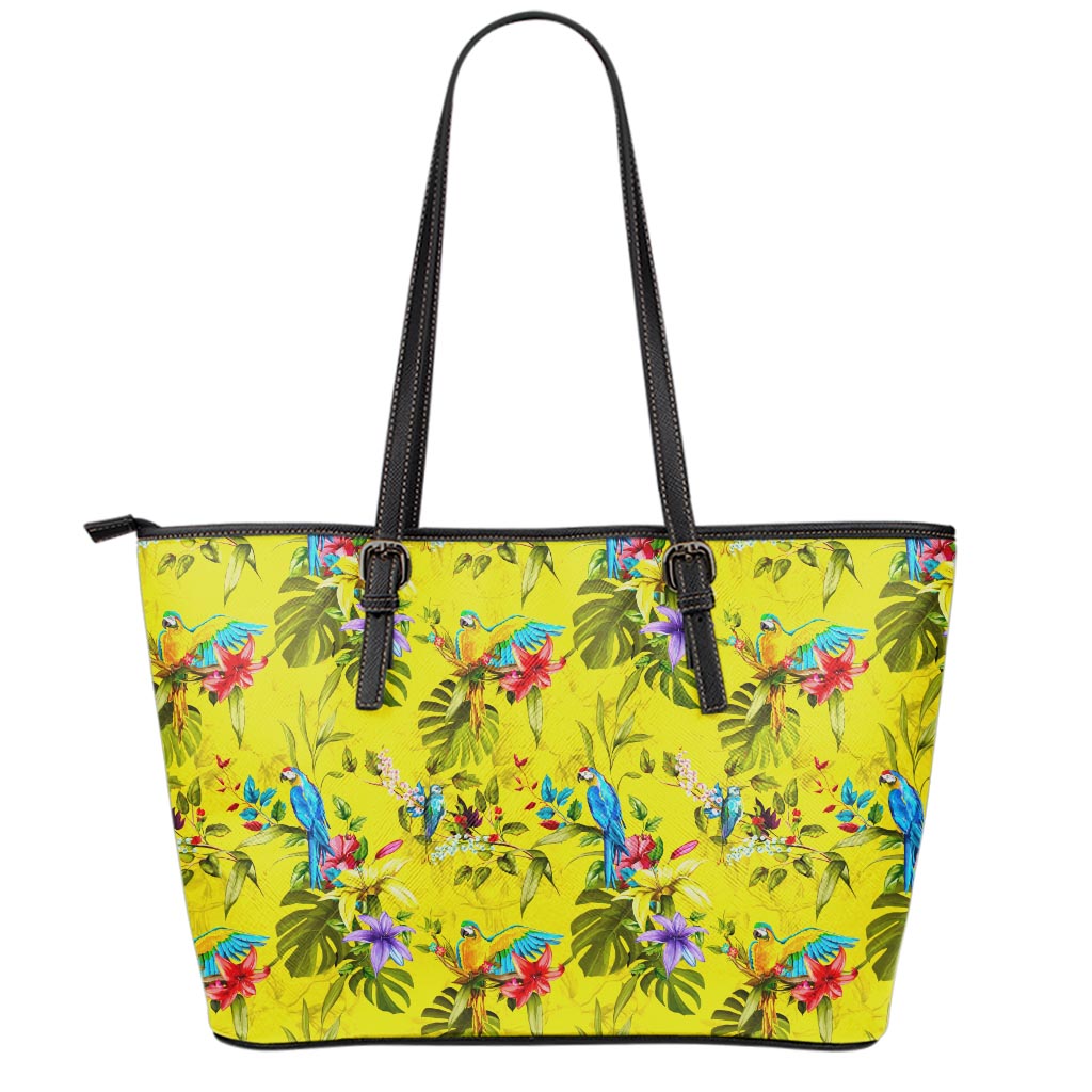 Parrot Tropical Pattern Print Leather Tote Bag