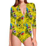 Parrot Tropical Pattern Print Long Sleeve Swimsuit