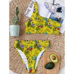 Parrot Tropical Pattern Print One Shoulder Bikini Top