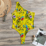 Parrot Tropical Pattern Print One Shoulder Bodysuit