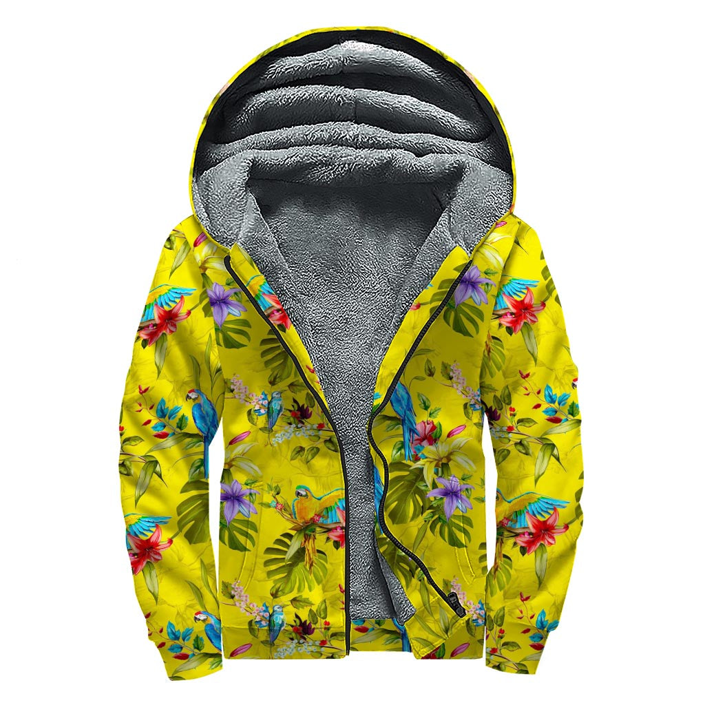 Parrot Tropical Pattern Print Sherpa Lined Zip Up Hoodie