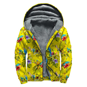 Parrot Tropical Pattern Print Sherpa Lined Zip Up Hoodie