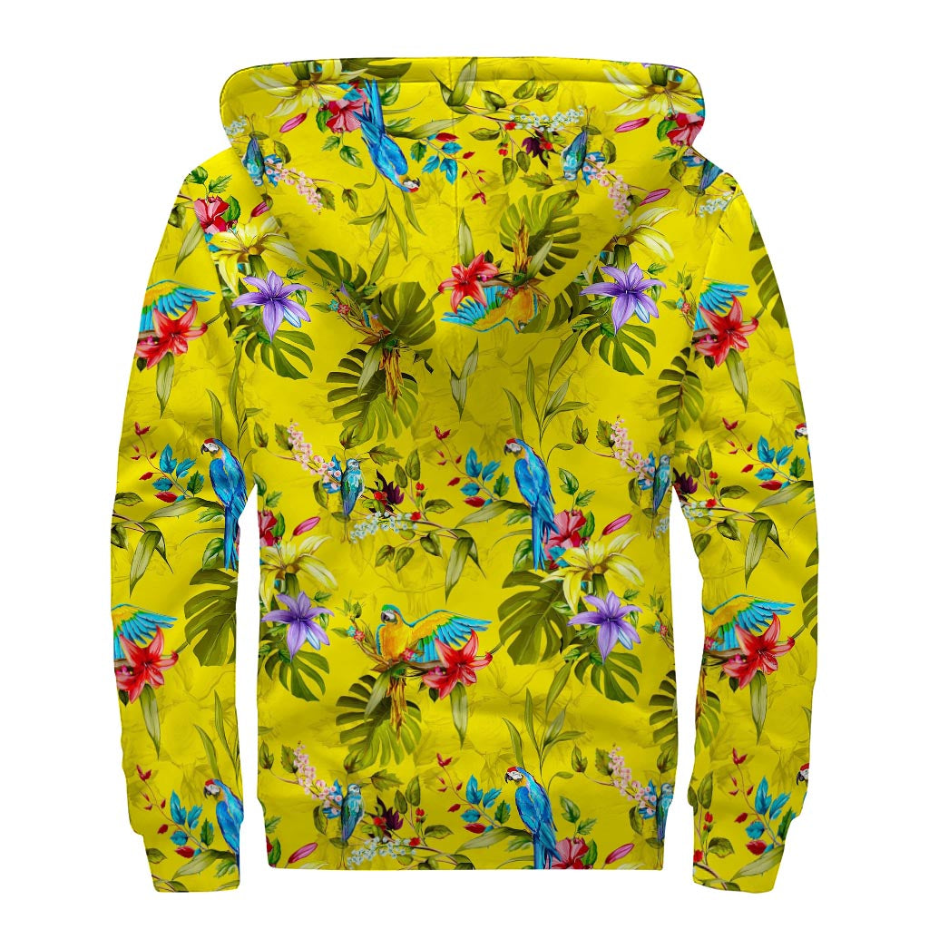 Parrot Tropical Pattern Print Sherpa Lined Zip Up Hoodie