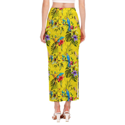 Parrot Tropical Pattern Print Side Slit Maxi Skirt