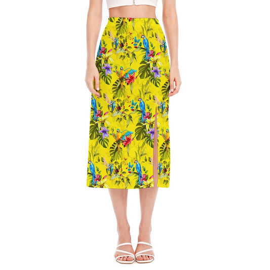 Parrot Tropical Pattern Print Side Slit Midi Skirt