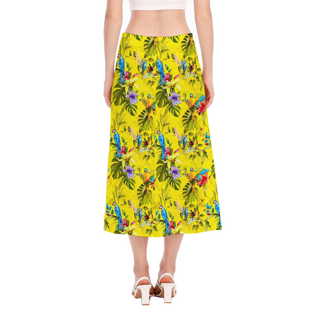 Parrot Tropical Pattern Print Side Slit Midi Skirt