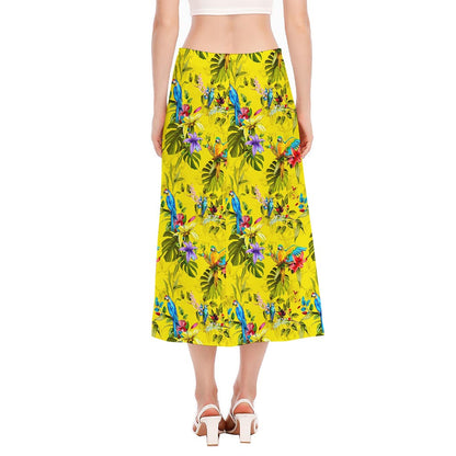 Parrot Tropical Pattern Print Side Slit Midi Skirt