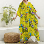 Parrot Tropical Pattern Print Silk V-Neck Kaftan Dress