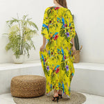 Parrot Tropical Pattern Print Silk V-Neck Kaftan Dress
