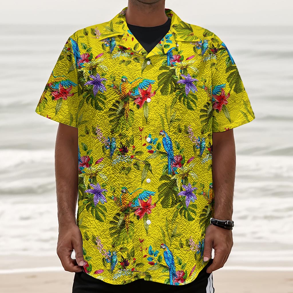 Parrot Tropical Pattern Print Textured Short Sleeve Shirt