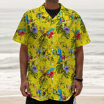 Parrot Tropical Pattern Print Textured Short Sleeve Shirt