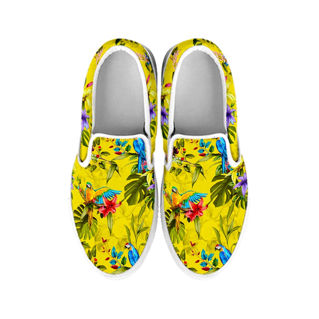 Parrot Tropical Pattern Print White Slip On Sneakers