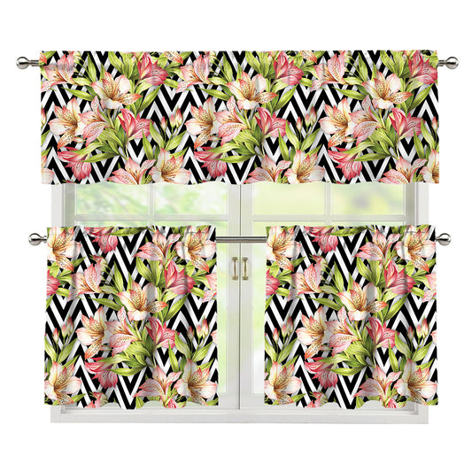 Pastel Alstroemeria Zigzag Pattern Print 3 Piece Kitchen Curtains