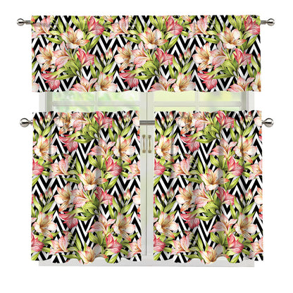 Pastel Alstroemeria Zigzag Pattern Print 3 Piece Kitchen Curtains