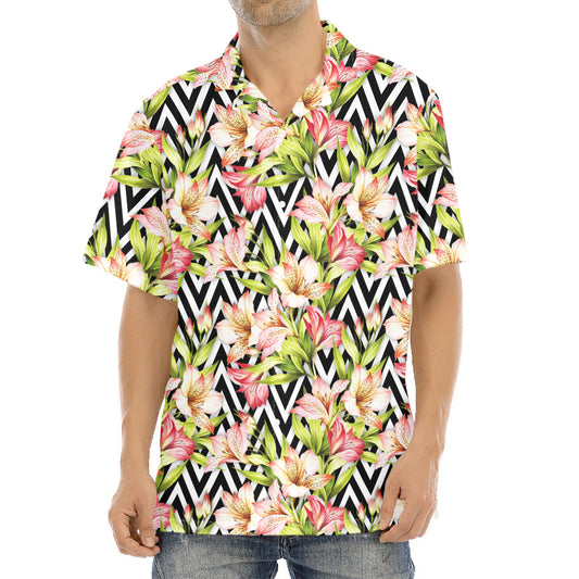 Pastel Alstroemeria Zigzag Pattern Print Aloha Shirt