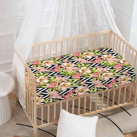 Pastel Alstroemeria Zigzag Pattern Print Baby Crib Sheet