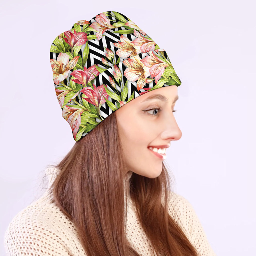 Pastel Alstroemeria Zigzag Pattern Print Beanie