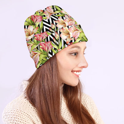 Pastel Alstroemeria Zigzag Pattern Print Beanie