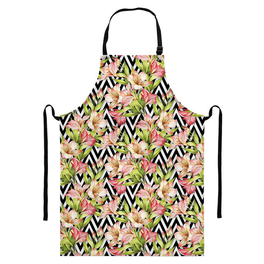 Pastel Alstroemeria Zigzag Pattern Print Bib Apron With Pocket