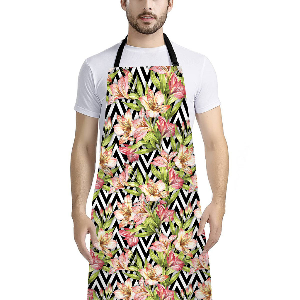 Pastel Alstroemeria Zigzag Pattern Print Bib Apron With Pocket
