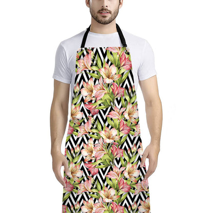 Pastel Alstroemeria Zigzag Pattern Print Bib Apron With Pocket