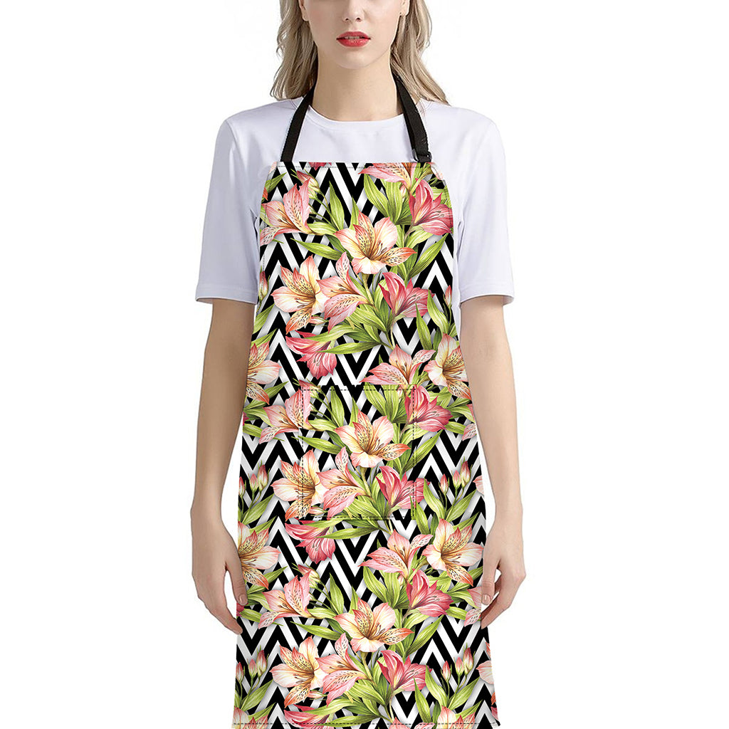 Pastel Alstroemeria Zigzag Pattern Print Bib Apron With Pocket