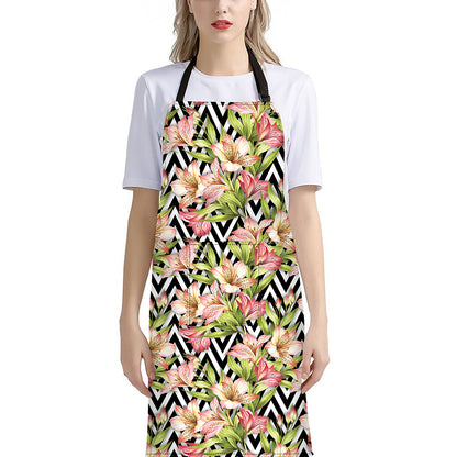 Pastel Alstroemeria Zigzag Pattern Print Bib Apron With Pocket