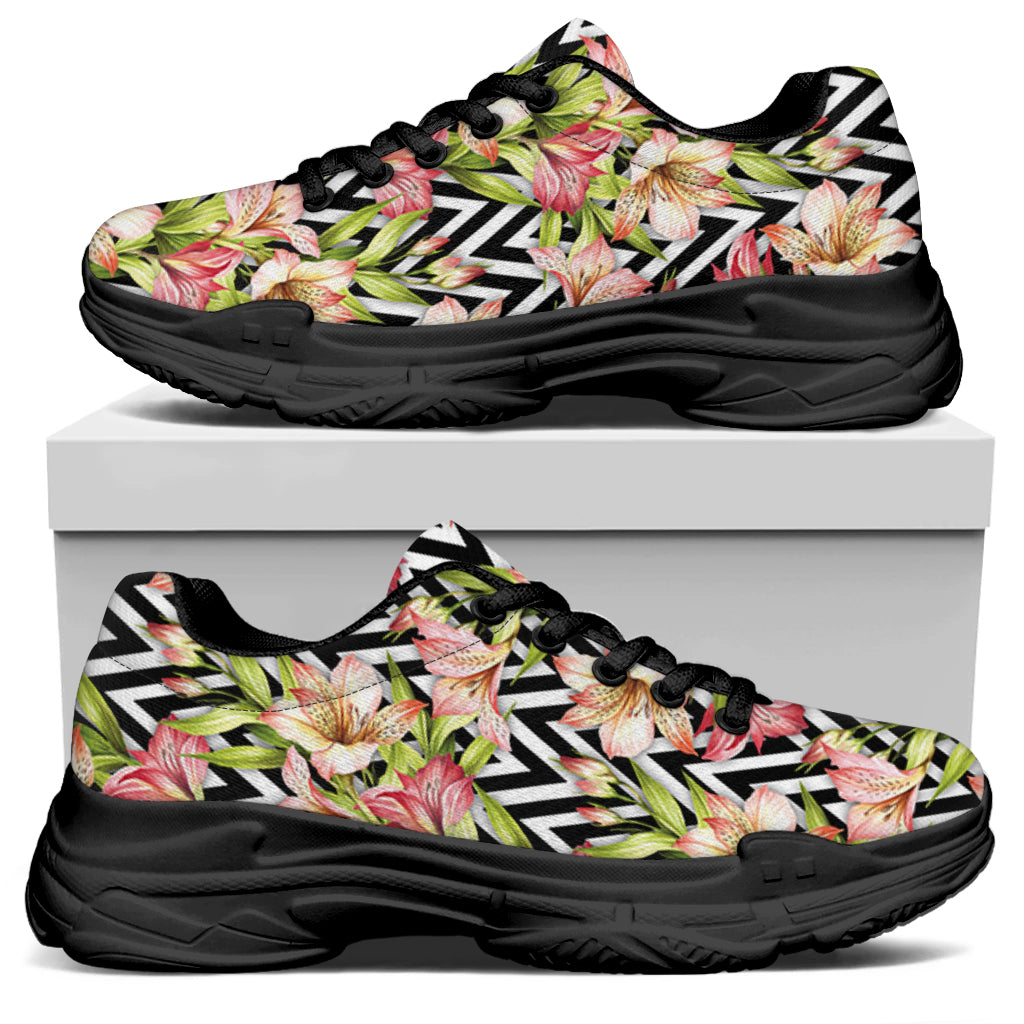 Pastel Alstroemeria Zigzag Pattern Print Black Chunky Shoes