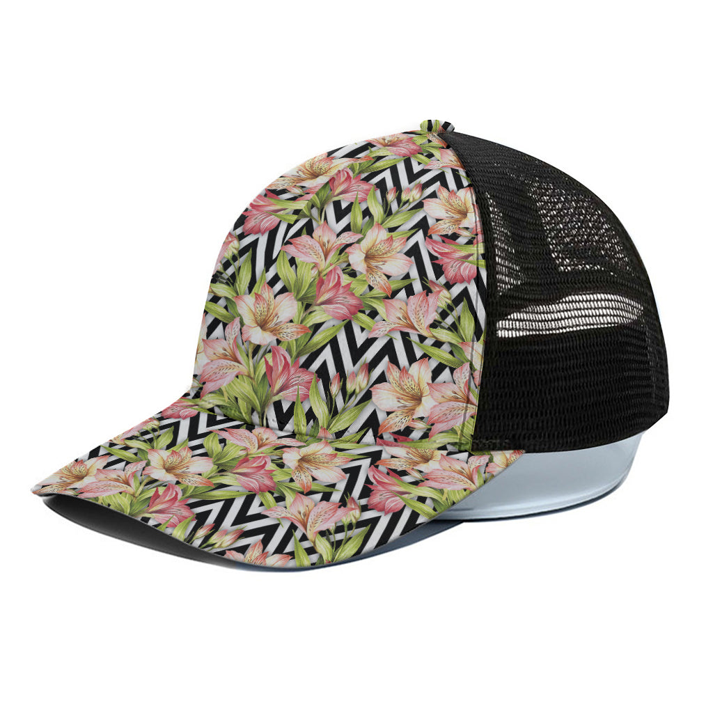 Pastel Alstroemeria Zigzag Pattern Print Black Mesh Trucker Cap