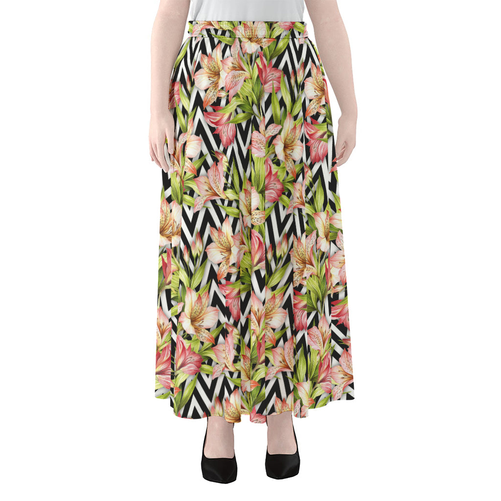 Pastel Alstroemeria Zigzag Pattern Print Chiffon Maxi Skirt