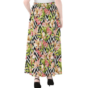 Pastel Alstroemeria Zigzag Pattern Print Chiffon Maxi Skirt