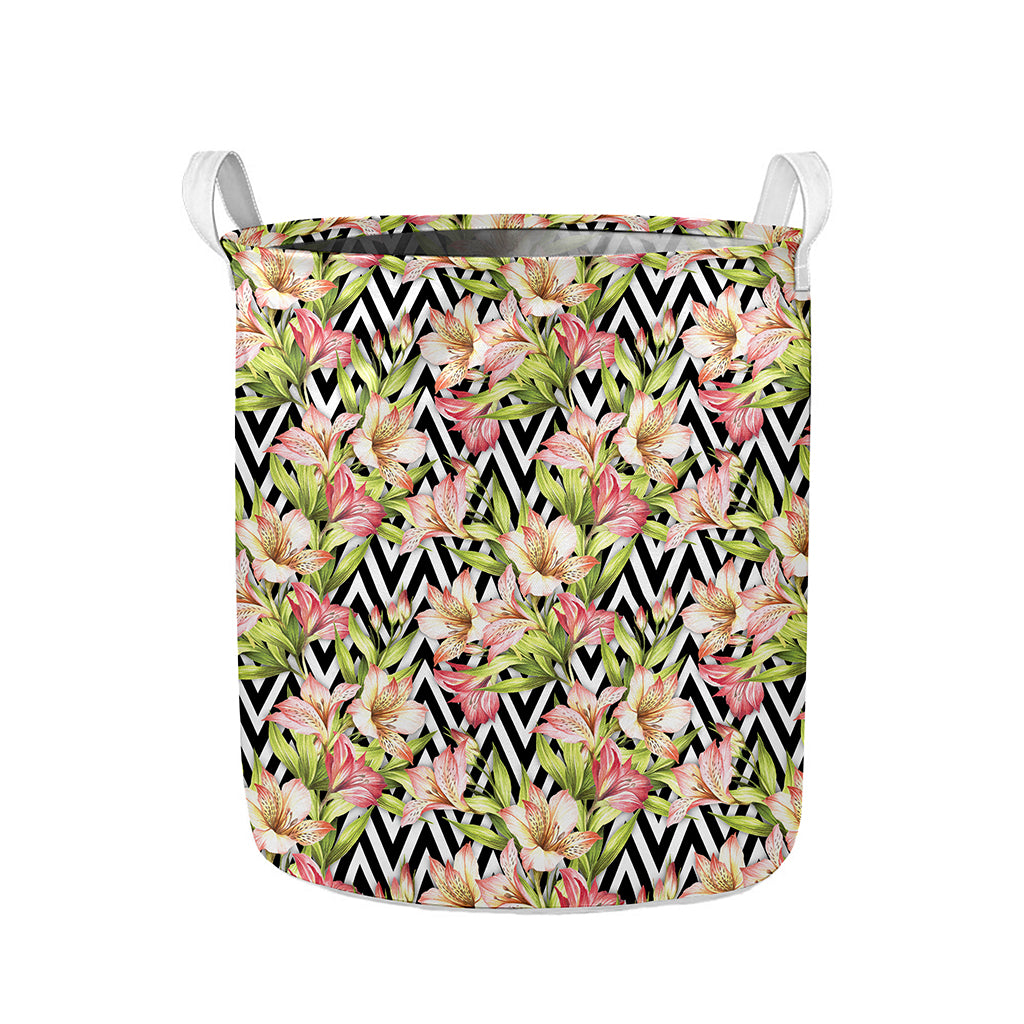 Pastel Alstroemeria Zigzag Pattern Print Collapsible Laundry Basket