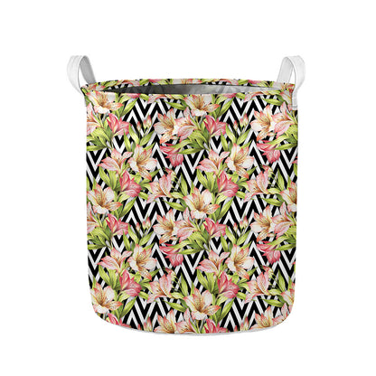 Pastel Alstroemeria Zigzag Pattern Print Collapsible Laundry Basket