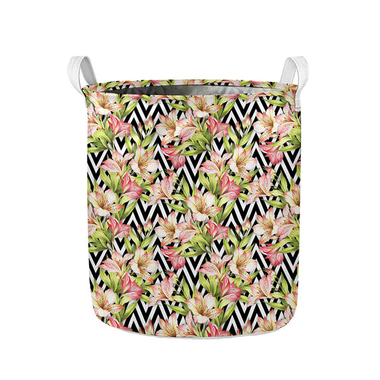 Pastel Alstroemeria Zigzag Pattern Print Collapsible Laundry Basket