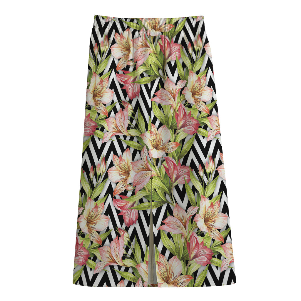 Pastel Alstroemeria Zigzag Pattern Print Cotton Front Slit Maxi Skirt