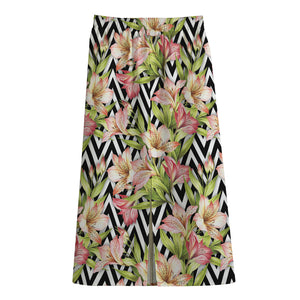 Pastel Alstroemeria Zigzag Pattern Print Cotton Front Slit Maxi Skirt