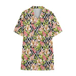 Pastel Alstroemeria Zigzag Pattern Print Cotton Hawaiian Shirt