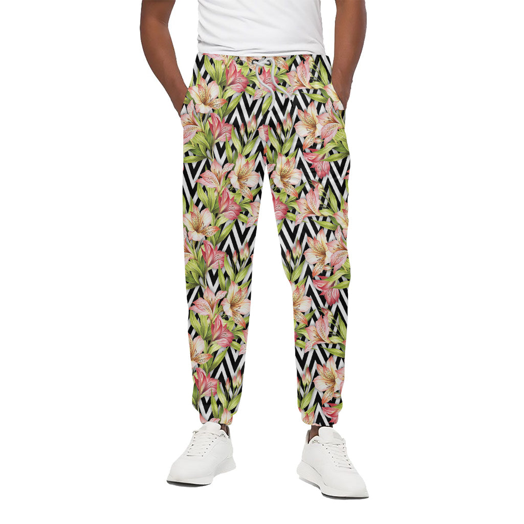 Pastel Alstroemeria Zigzag Pattern Print Cotton Pants