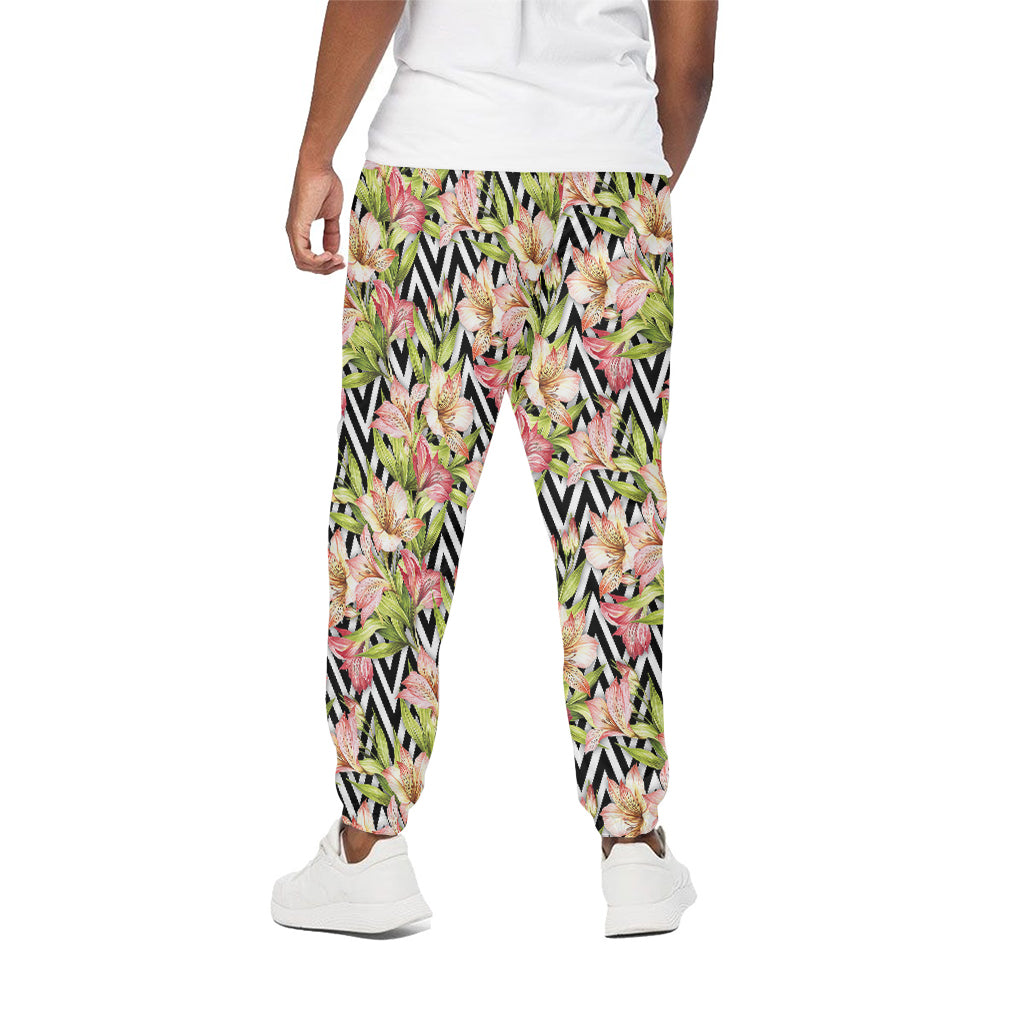Pastel Alstroemeria Zigzag Pattern Print Cotton Pants