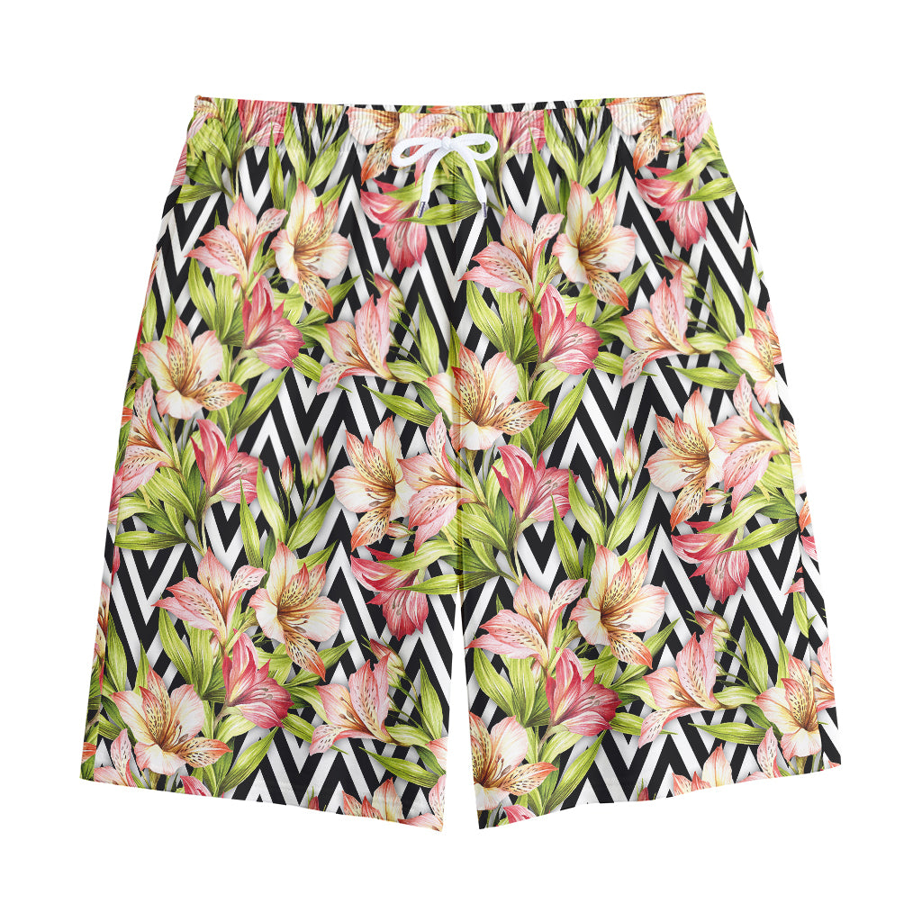 Pastel Alstroemeria Zigzag Pattern Print Cotton Shorts