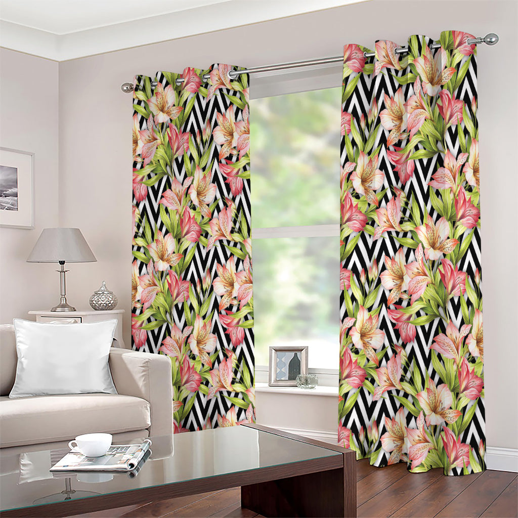 Pastel Alstroemeria Zigzag Pattern Print Extra Wide Grommet Curtains