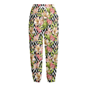 Pastel Alstroemeria Zigzag Pattern Print Fleece Lined Knit Pants