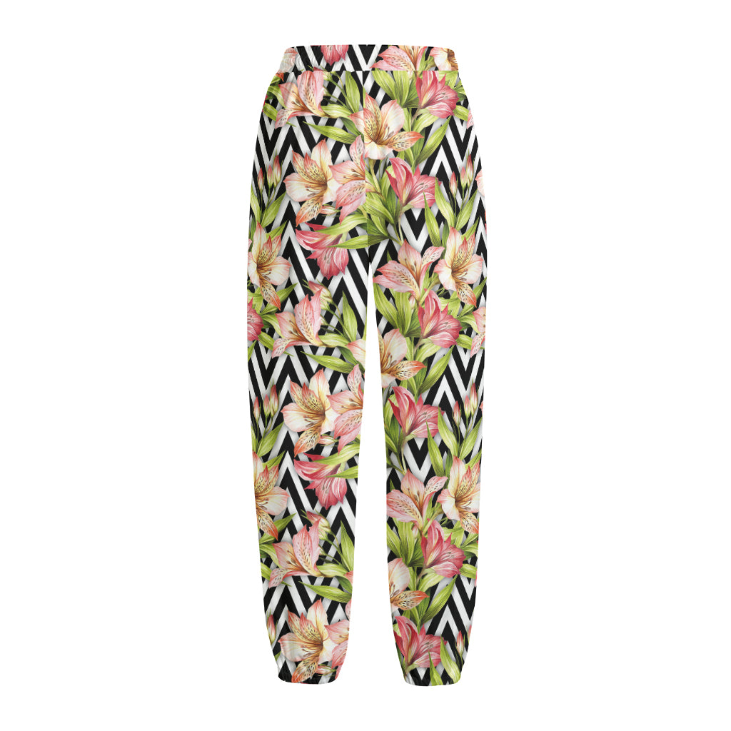 Pastel Alstroemeria Zigzag Pattern Print Fleece Lined Knit Pants