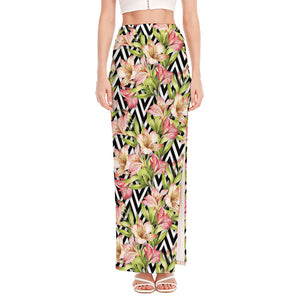 Pastel Alstroemeria Zigzag Pattern Print High Slit Maxi Skirt