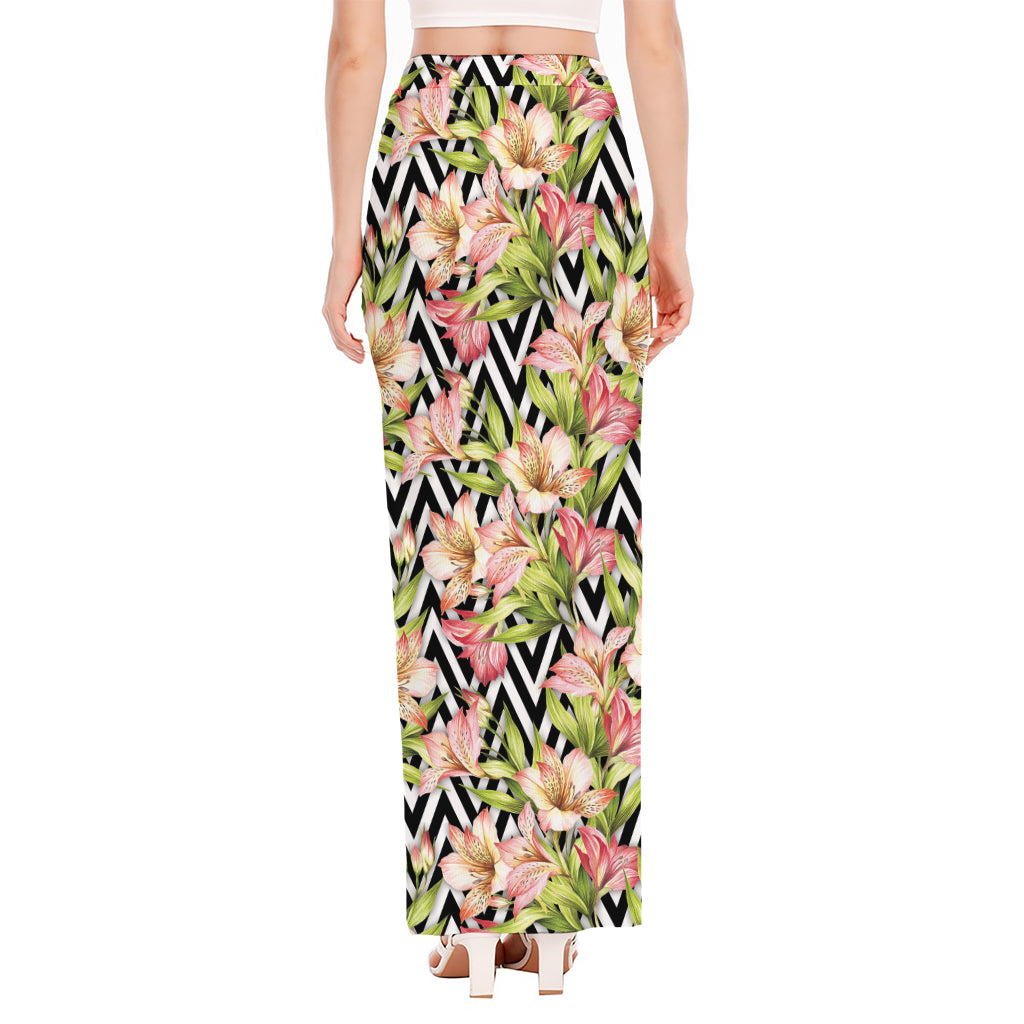 Pastel Alstroemeria Zigzag Pattern Print High Slit Maxi Skirt