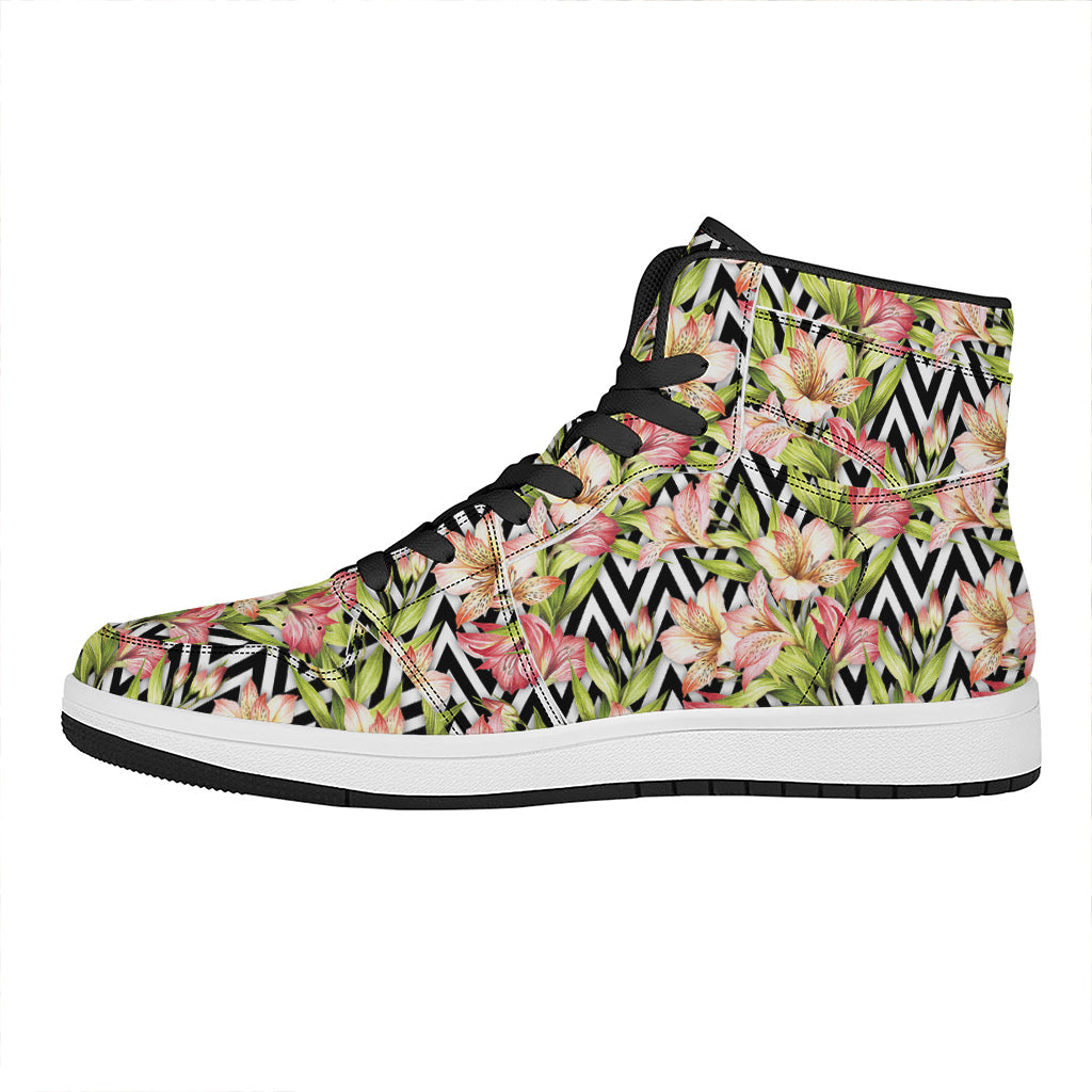 Pastel Alstroemeria Zigzag Pattern Print High Top Leather Sneakers